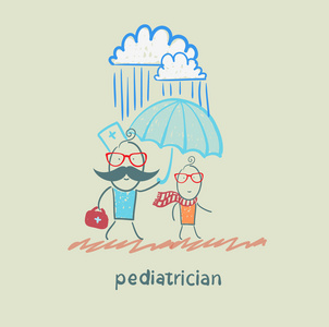 撑着伞在雨中的孩子的儿科医生
