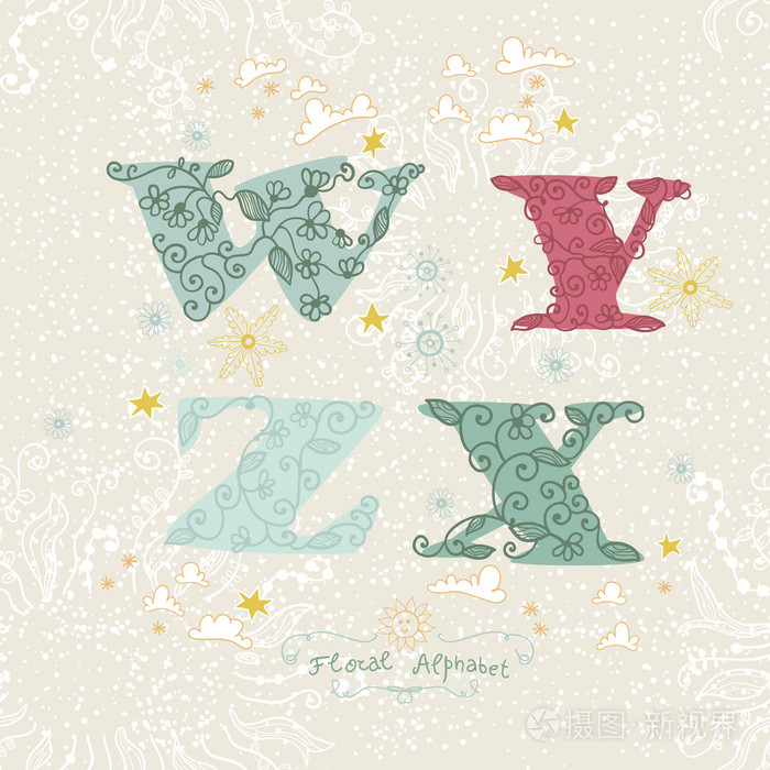 可爱的花卉字母表.字母 w, y, z, x