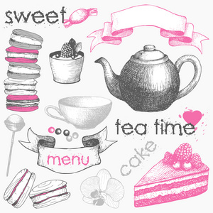 向量集合的手画甜美的蛋糕，糖果和茶壶。刻的茶时间插图和装饰设计元素上白色孤立