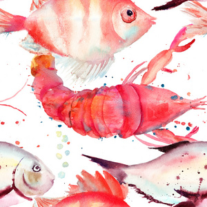 水彩插图的龙虾和鱼