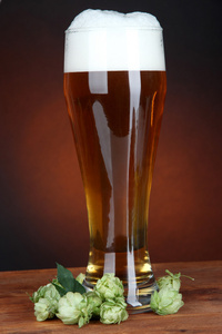Knaust啤酒和啤酒花，木制的桌子上的玻璃