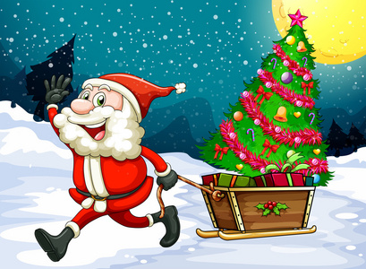 快乐的圣诞老人拉雪橇与一棵圣诞树