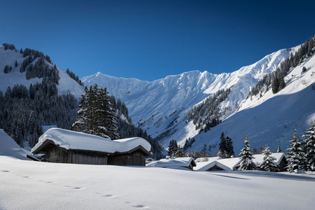 在屋顶在奥地利阿尔卑斯山在冬季有雪的小屋