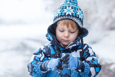 可爱的小孩男孩在冬季一天玩雪