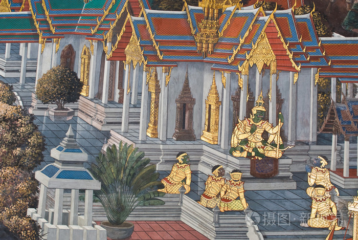 在曼谷泰国的寺庙墙上的传统泰式风格绘画艺术的杰作