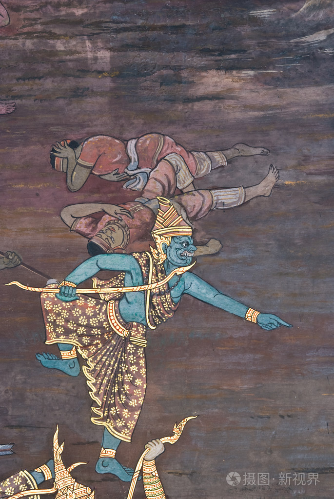 在曼谷,泰国的寺庙墙上的传统泰式风格绘画艺术的杰作