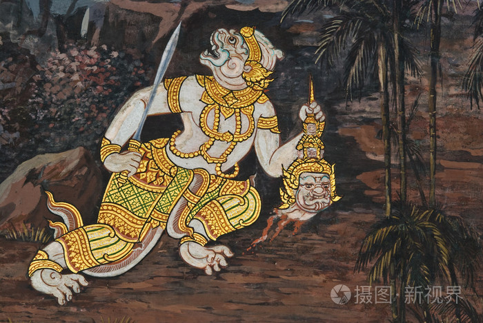 在曼谷泰国的寺庙墙上的传统泰式风格绘画艺术的杰作