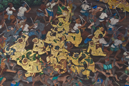 在曼谷，泰国的寺庙墙上的传统泰式风格绘画艺术的杰作