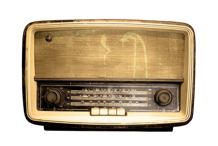 旧的收音机，在白色背景上的古董棕色无线电