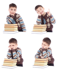 拼贴的四张照片的小男孩随书孤立在白色的背景