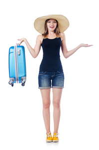 女人准备度假带白色衬底上的手提箱