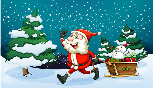 面带笑容的圣诞老人拉松树旁的木制雪橇
