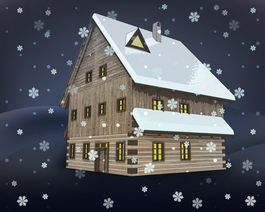 质朴的冬季木制高平房房子在夜间降雪矢量