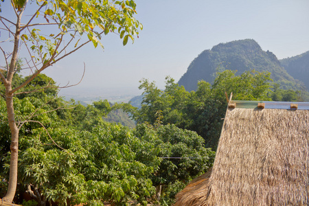 屋顶的小屋的乾草。与山背景