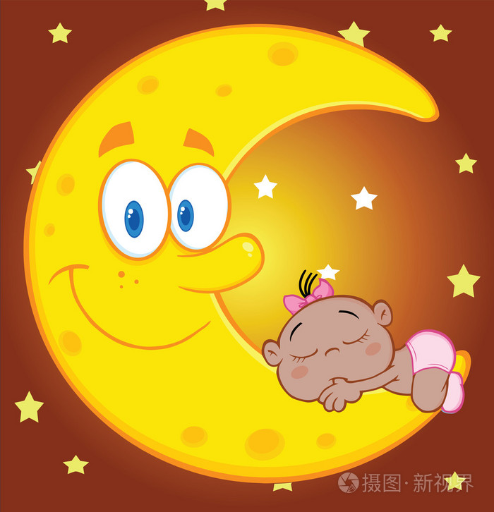 可爱的非洲裔美国小女孩睡在微笑的月亮