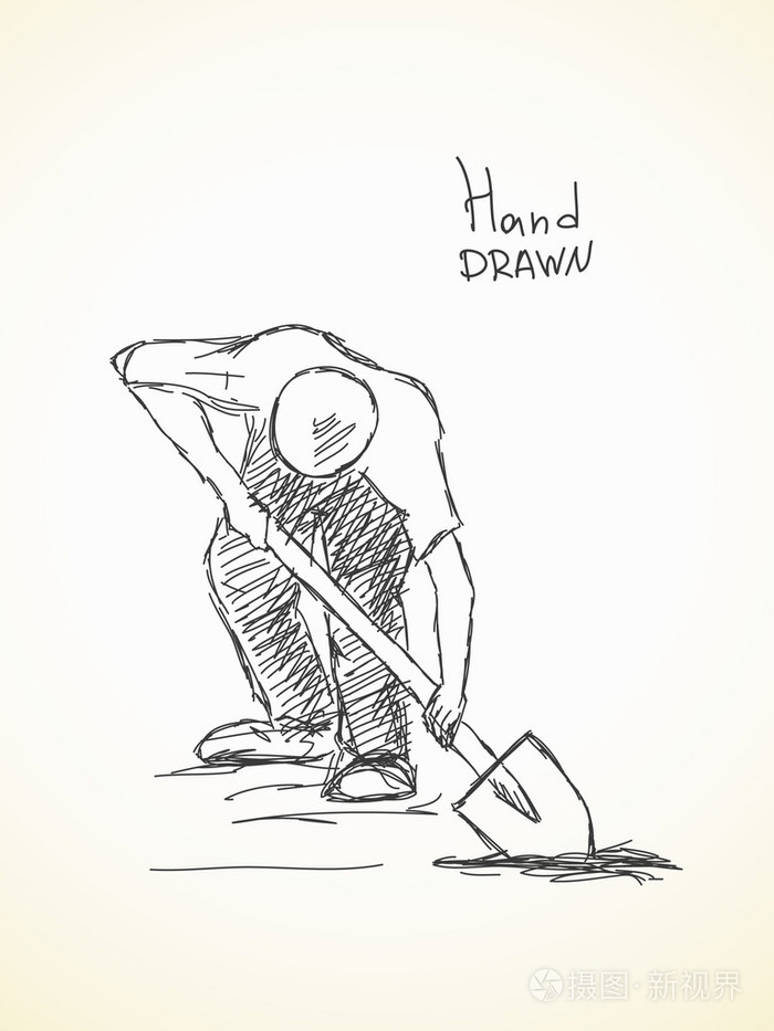 手的男子用铁锹挖地面的素描画