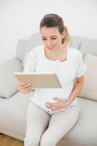 布鲁内特孕妇使用她坐在沙发上的平板电脑