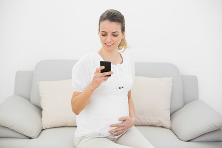 漂亮的孕妇使用她的智能手机，摸她的肚子