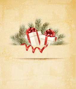 假日背景与丝带和红色礼品盒。矢量