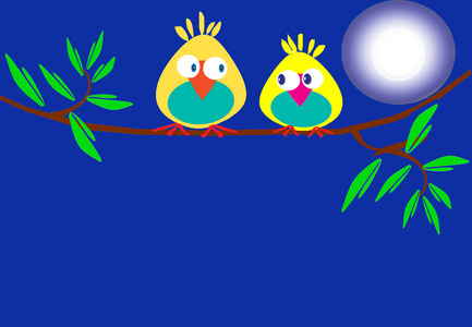 两只猫头鹰在树枝与月亮照耀的午夜蓝色背景上的插图