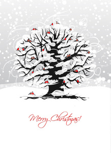 冬天树和红腹圣诞咭设计