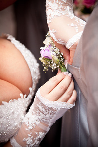 调整胸花的新娘新郎灰色夹克图片