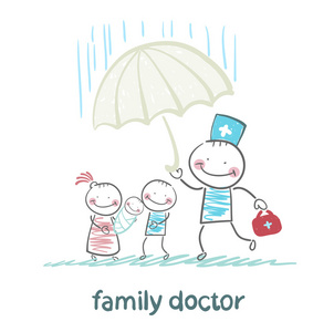 从雨洒在她的母亲 父亲和孩子拿着雨伞的家庭医生