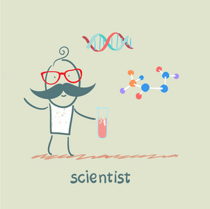 科学家拿着试管和公式的思考