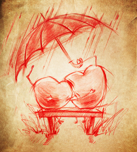 两颗相爱的心坐在一把伞下