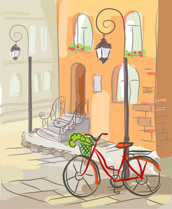 欧洲的街道，一辆自行车和灯笼
