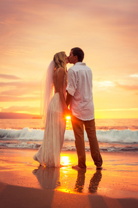 只是已婚的夫妇在日落时分在热带海滩上接吻