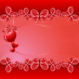 圣瓦伦丁红色蝴蝶和心卡背景