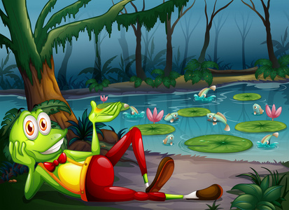 一只青蛙在休息在池塘附近的森林里