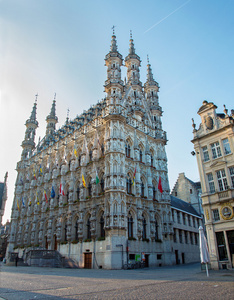 鲁汶早上的哥特式市政厅。