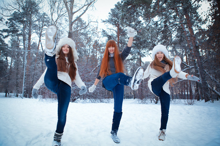 三个漂亮的女孩，在冬季公园的肖像