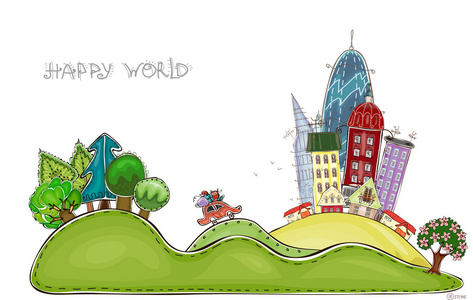 城市和乡村的插图，快乐世界集合