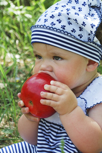女孩坐在草地上的桦木和吃一个苹果