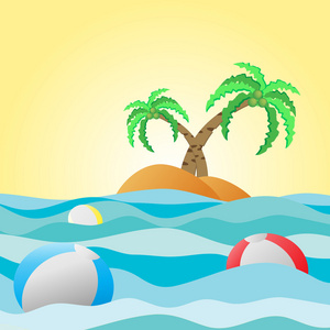 矢量图的海浪在海滩棕榈树与球