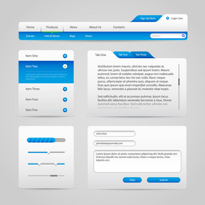 Web Ui 控件元素灰色和蓝色的光背景 4 导航栏 按钮 滑块 消息框 菜单 选项卡 输入的文本区域 搜索 