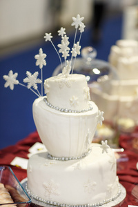 在 snowflokes 的白色的美丽婚礼蛋糕。