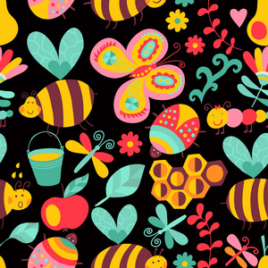 无缝的花卉图案。夏天组成蜂窝状蜜蜂