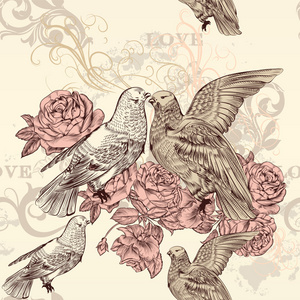 美丽的矢量无缝花纹带着玫瑰和鸟