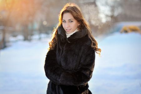 美丽的女孩在大街上棕色的冬大衣