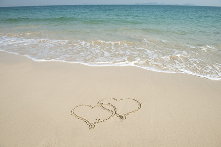 两颗心在海滩上的沙子中绘制