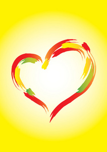 红色的心，在黄色背景上绘制的涂料
