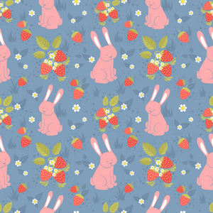 可爱的兔子和野草莓民间无缝图案