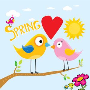 春天的花朵和鸟类矢量背景