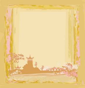 旧纸张与华人庙宇上抽象的亚洲风景