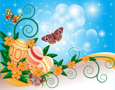 蝴蝶和花朵的鸡蛋的背景