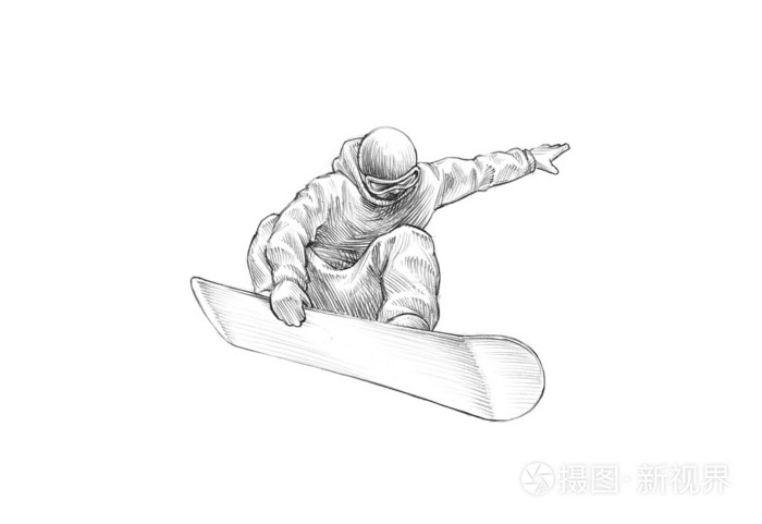 手绘草图铅笔插图的半空中的滑雪者
